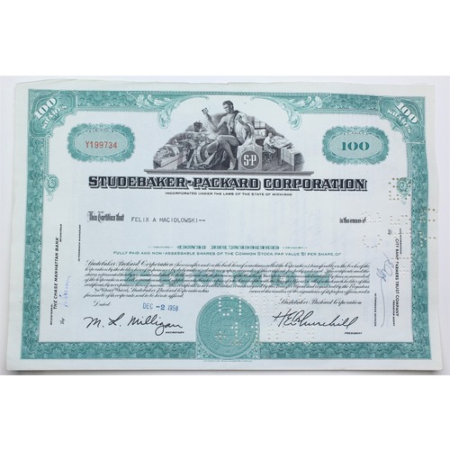 1958 Studebaker-Packard Corporation Stock Certificate - Y199734 - 100 Shares