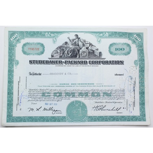 1958 Studebaker-Packard Corporation Stock Certificate - Y195722 - 100 Shares
