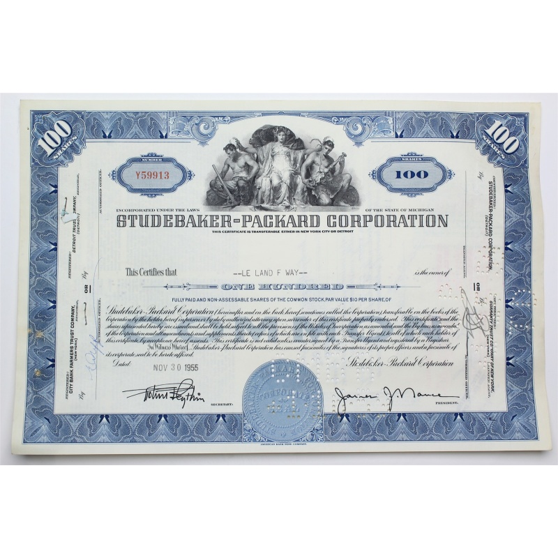 1955 Studebaker-Packard Corporation Stock Certificate - Y59913 - 100 Shares