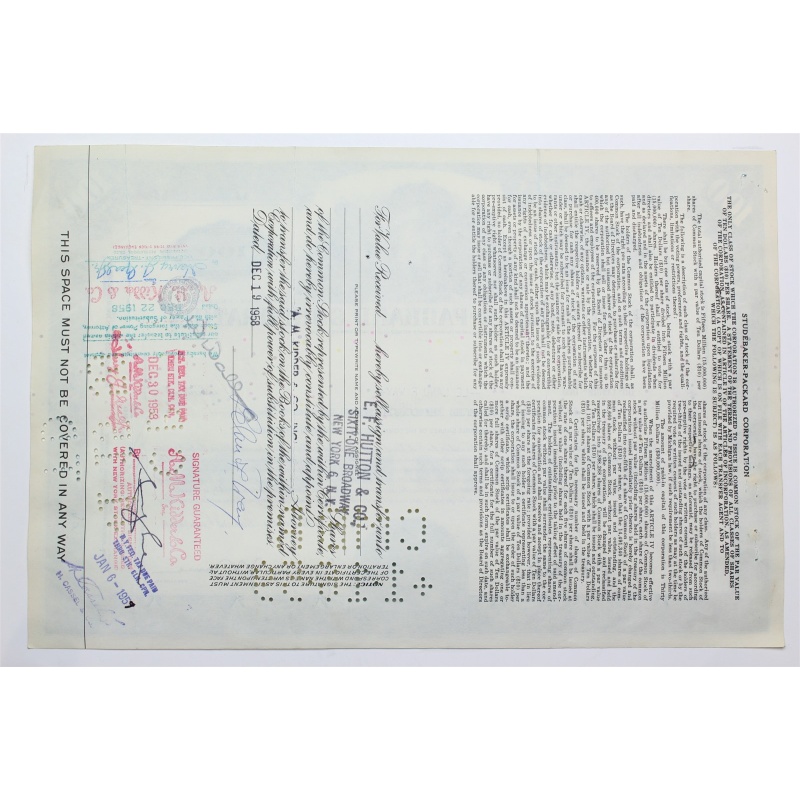 1955 Studebaker-Packard Corporation Stock Certificate - Y59913 - 100 Shares