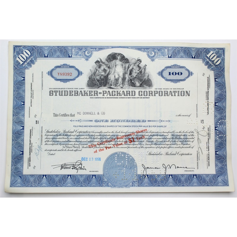 1956 Studebaker-Packard Corporation Stock Certificate - Y89392 - 100 Shares