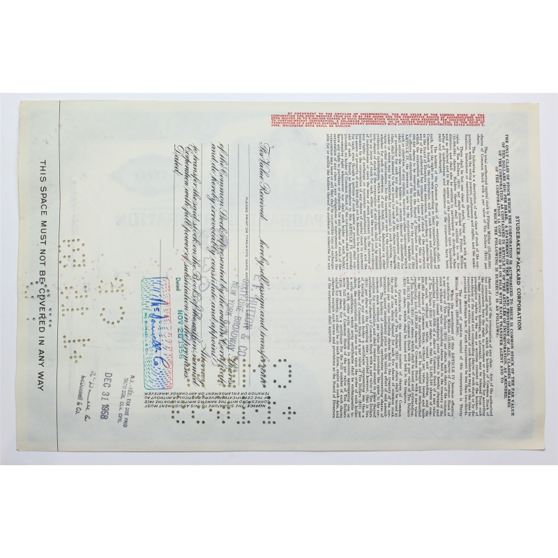 1956 Studebaker-Packard Corporation Stock Certificate - Y86835 - 100 Shares
