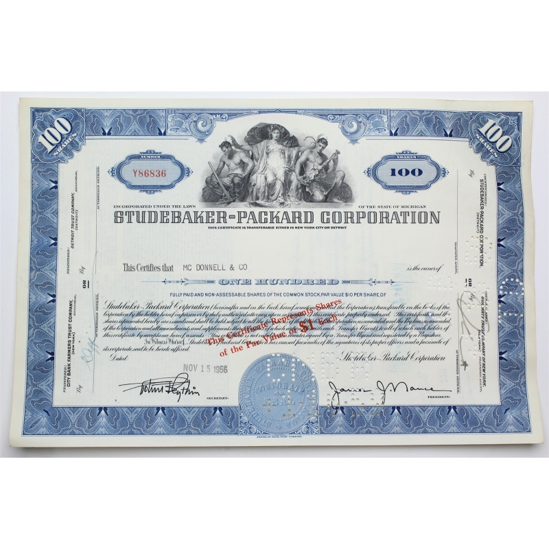 1956 Studebaker-Packard Corporation Stock Certificate - Y86836 - 100 Shares