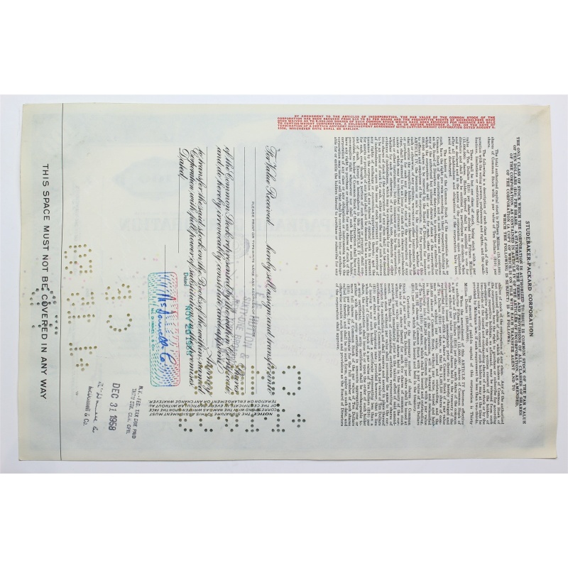 1956 Studebaker-Packard Corporation Stock Certificate - Y86836 - 100 Shares