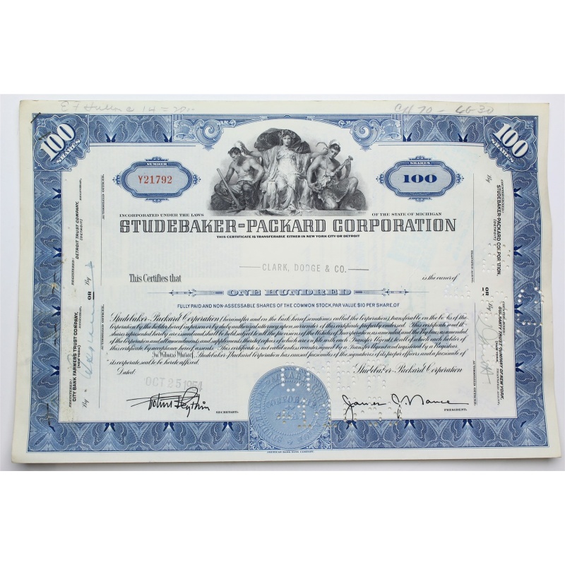1954 Studebaker-Packard Corporation Stock Certificate - Y21792 - 100 Shares