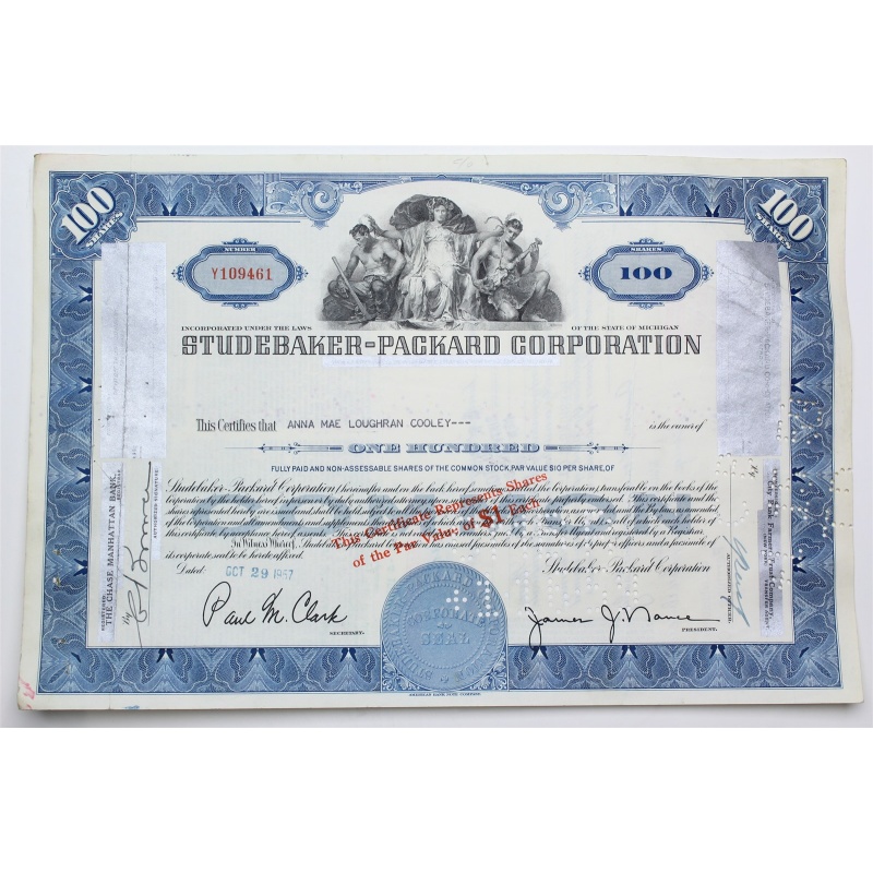 1957 Studebaker-Packard Corporation Stock Certificate - Y109461 - 100 Shares