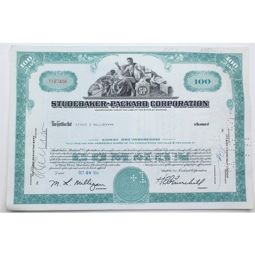 1958 Studebaker-Packard Corporation Stock Certificate - Y187406 - 100 Shares