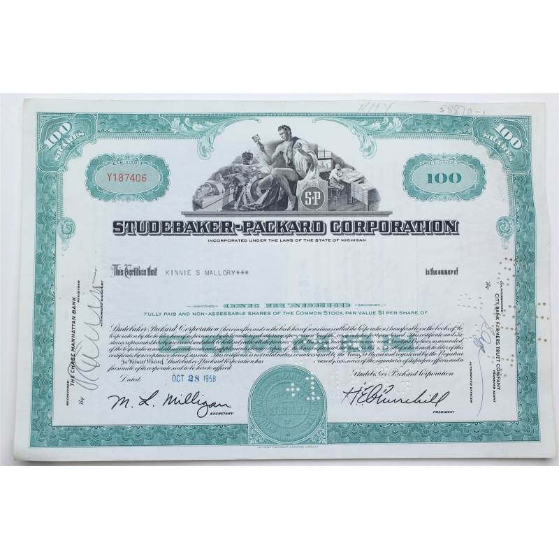 1958 Studebaker-Packard Corporation Stock Certificate - Y187406 - 100 Shares