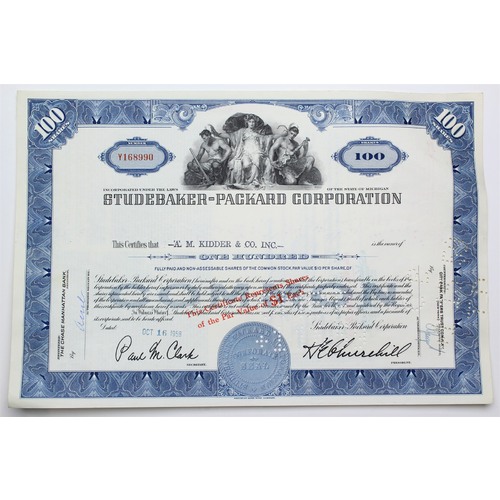 1958 Studebaker-Packard Corporation Stock Certificate - Y168990 - 100 Shares