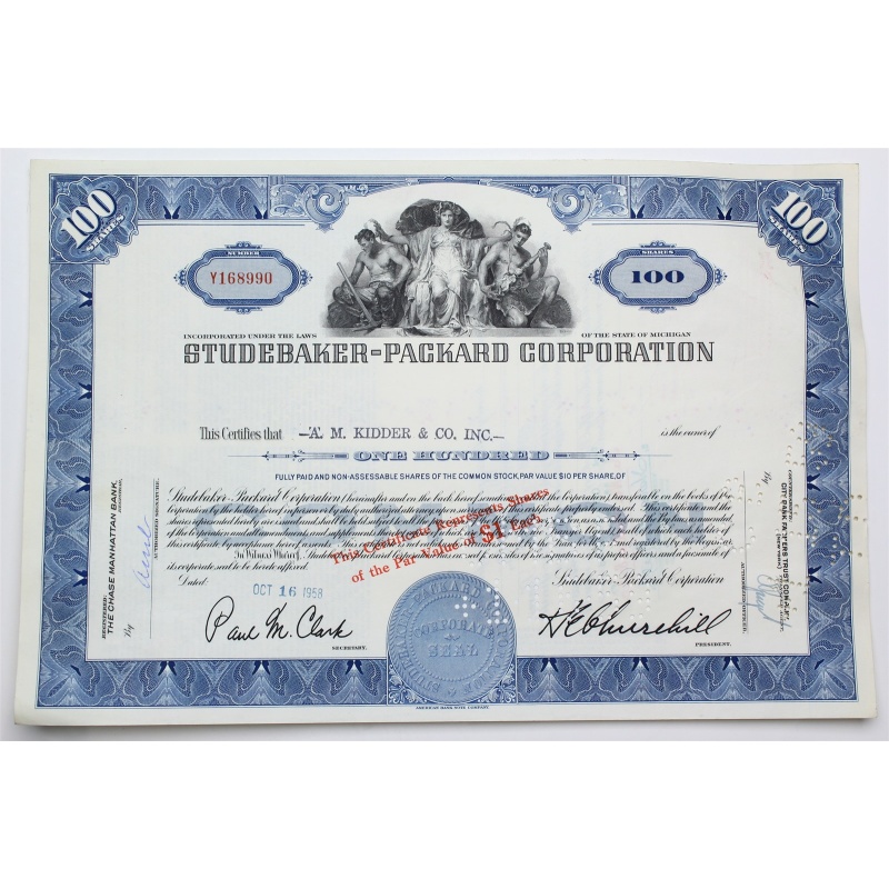1958 Studebaker-Packard Corporation Stock Certificate - Y168990 - 100 Shares
