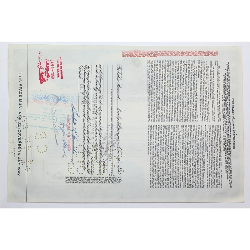 1958 Studebaker-Packard Corporation Stock Certificate - Y152228 - 100 Shares
