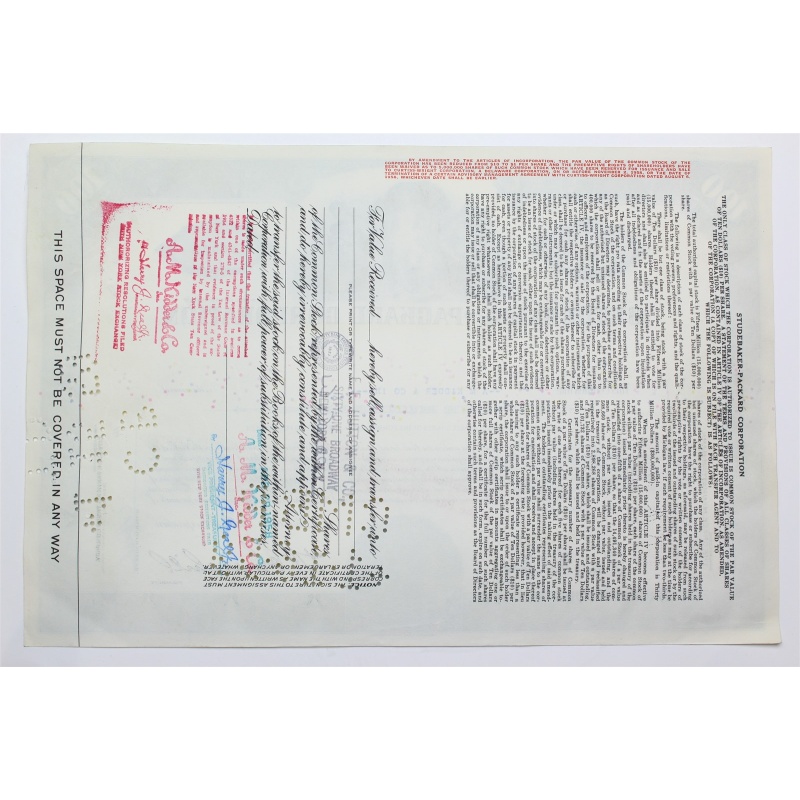 1958 Studebaker-Packard Corporation Stock Certificate - Y140331 - 100 Shares