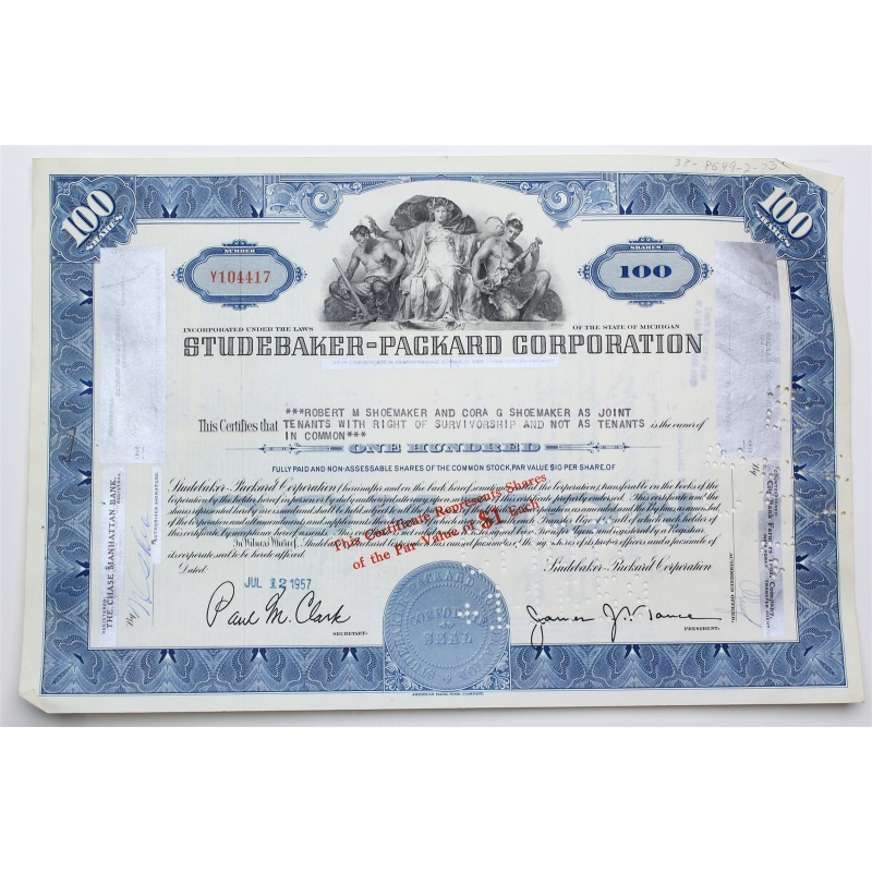 1957 Studebaker-Packard Corporation Stock Certificate - Y104417 - 100 Shares