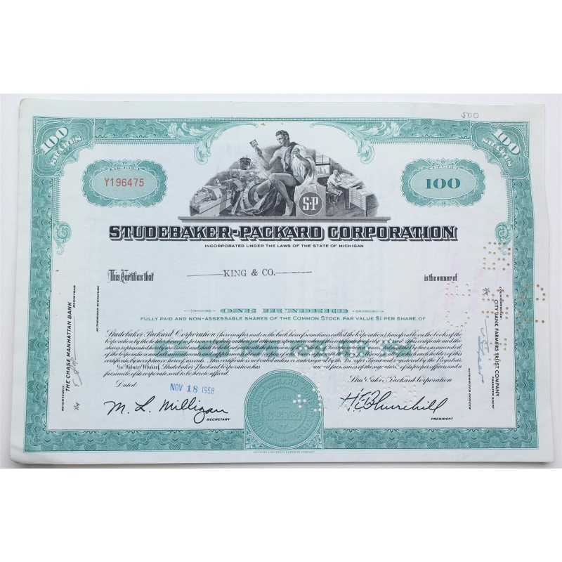 1958 Studebaker-Packard Corporation Stock Certificate - Y196475 - 100 Shares