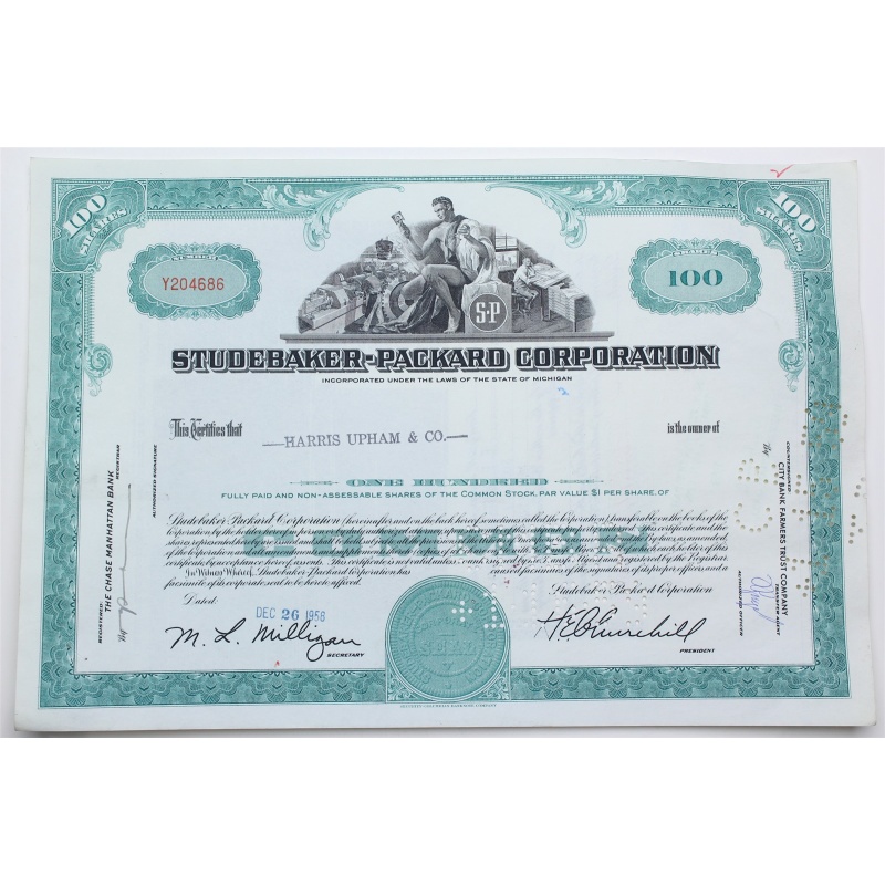 1958 Studebaker-Packard Corporation Stock Certificate - Y204686 - 100 Shares