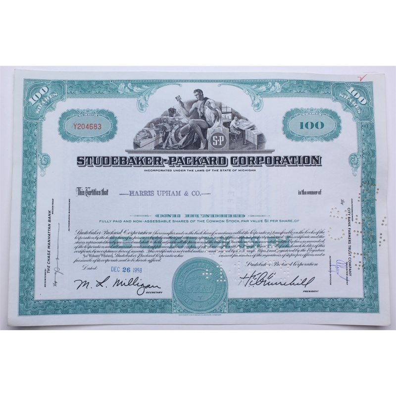 1958 Studebaker-Packard Corporation Stock Certificate - Y204683 - 100 Shares