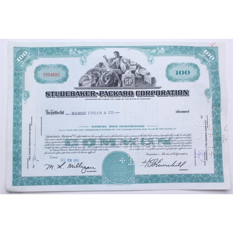 1958 Studebaker-Packard Corporation Stock Certificate - Y204682 - 100 Shares