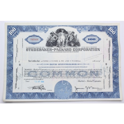 1954 Studebaker-Packard Corporation Stock Certificate - Y37319 - 100 Shares