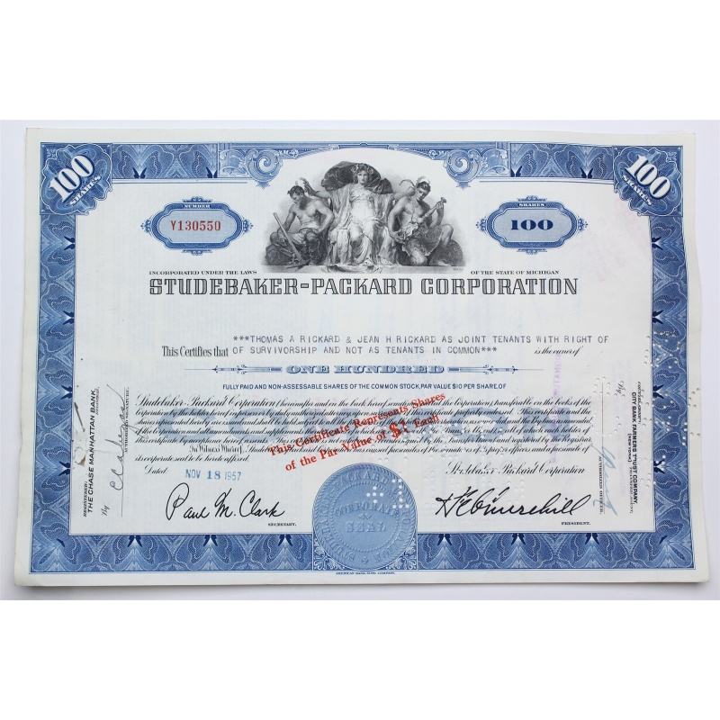 1957 Studebaker-Packard Corporation Stock Certificate - Y130550 - 100 Shares