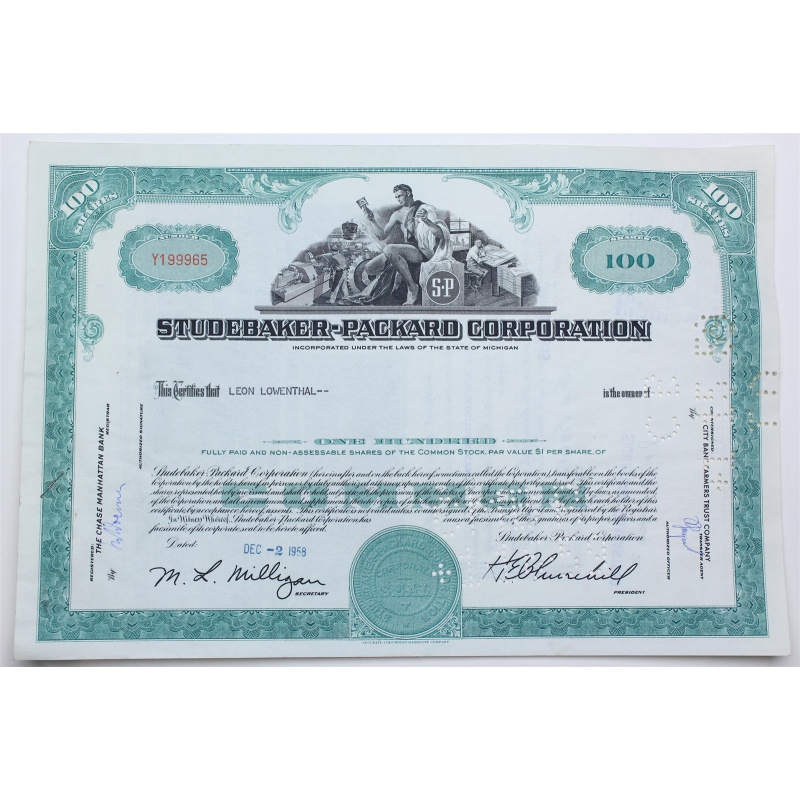 1958 Studebaker-Packard Corporation Stock Certificate - Y199965 - 100 Shares