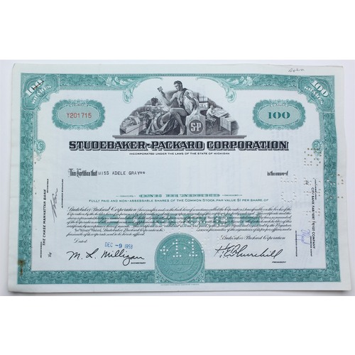 1958 Studebaker-Packard Corporation Stock Certificate - Y201715 - 100 Shares