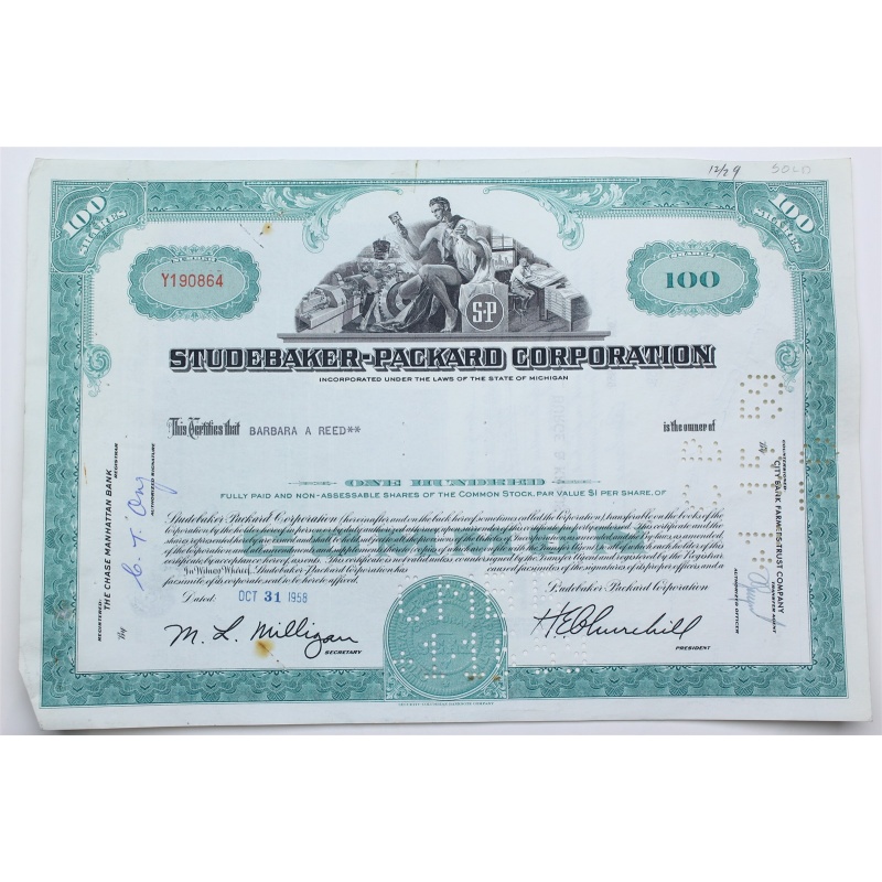 1958 Studebaker-Packard Corporation Stock Certificate - Y190864 - 100 Shares
