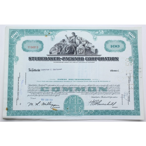 1958 Studebaker-Packard Corporation Stock Certificate - Y194913 - 100 Shares