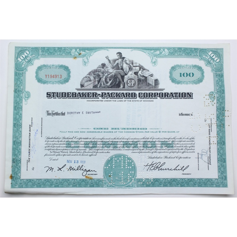 1958 Studebaker-Packard Corporation Stock Certificate - Y194913 - 100 Shares