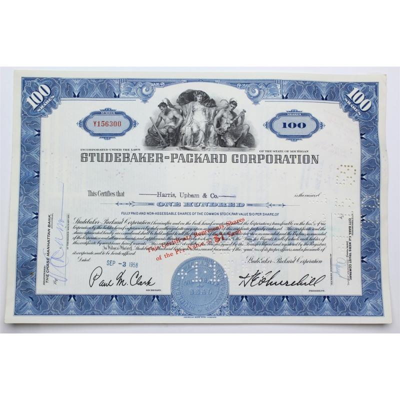 1958 Studebaker-Packard Corporation Stock Certificate - Y156300 - 100 Shares