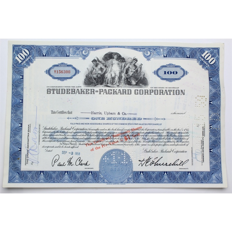 1958 Studebaker-Packard Corporation Stock Certificate - Y156300 - 100 Shares