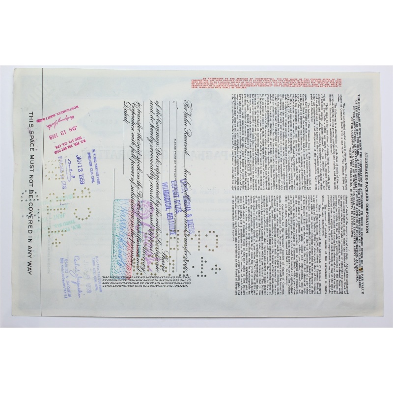 1958 Studebaker-Packard Corporation Stock Certificate - Y156300 - 100 Shares