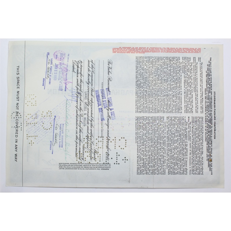1958 Studebaker-Packard Corporation Stock Certificate - Y155020 - 100 Shares