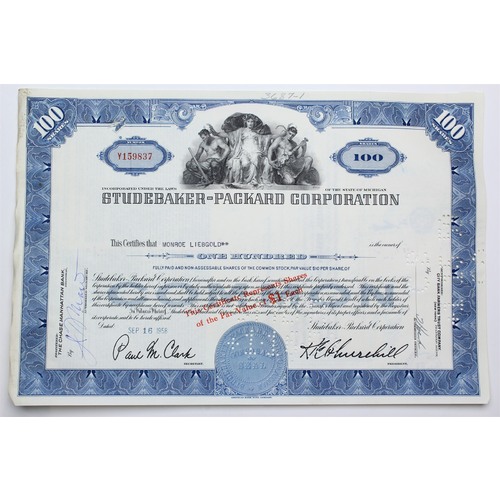 1958 Studebaker-Packard Corporation Stock Certificate - Y159837 - 100 Shares