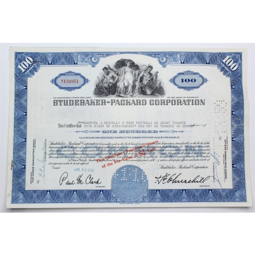 1958 Studebaker-Packard Corporation Stock Certificate - Y134951 - 100 Shares