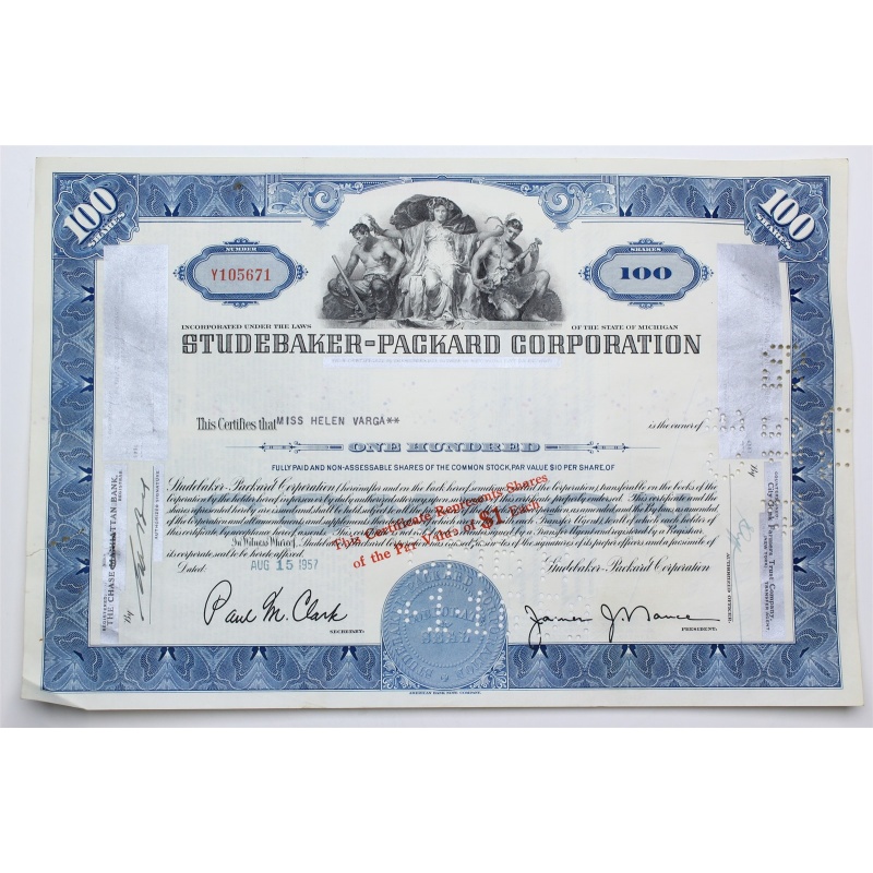 1957 Studebaker-Packard Corporation Stock Certificate - Y105671 - 100 Shares
