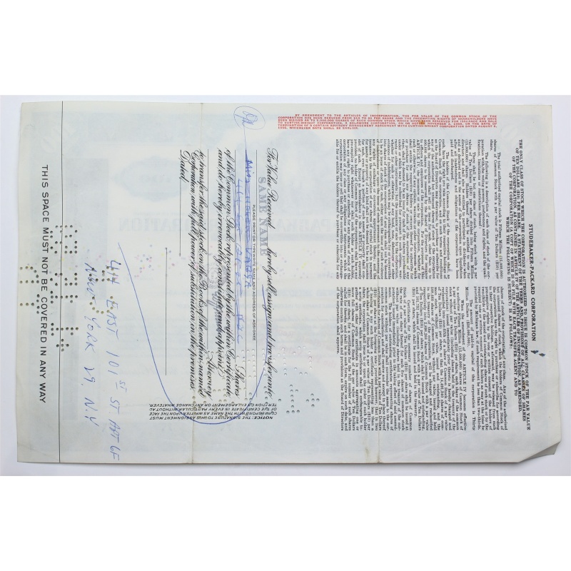 1957 Studebaker-Packard Corporation Stock Certificate - Y105671 - 100 Shares