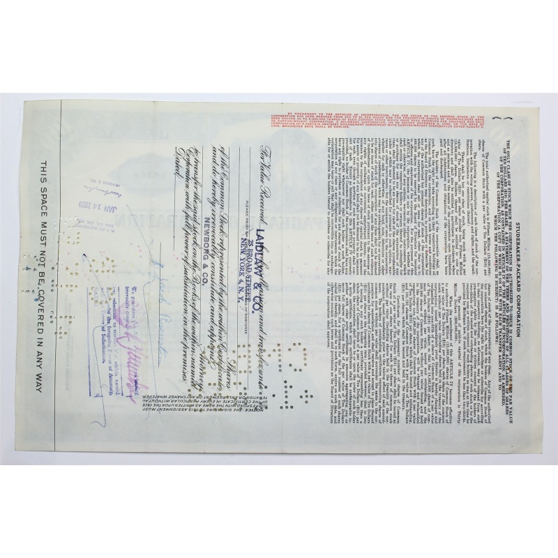 1958 Studebaker-Packard Corporation Stock Certificate - Y160360 - 100 Shares
