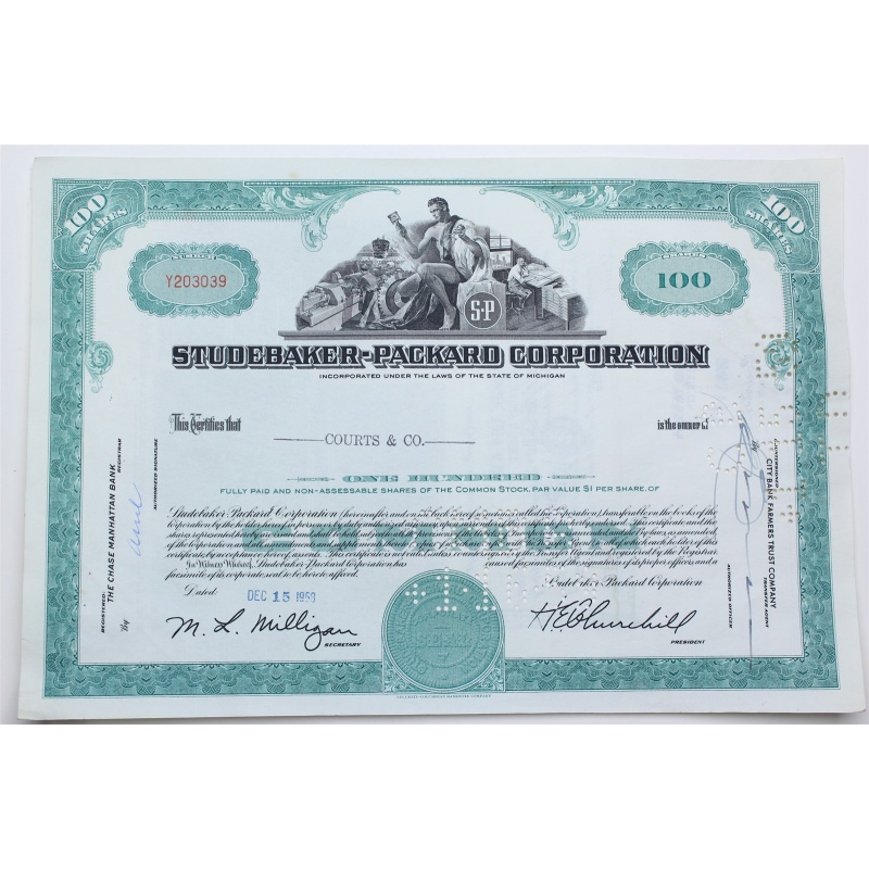 1958 Studebaker-Packard Corporation Stock Certificate - Y203039 - 100 Shares
