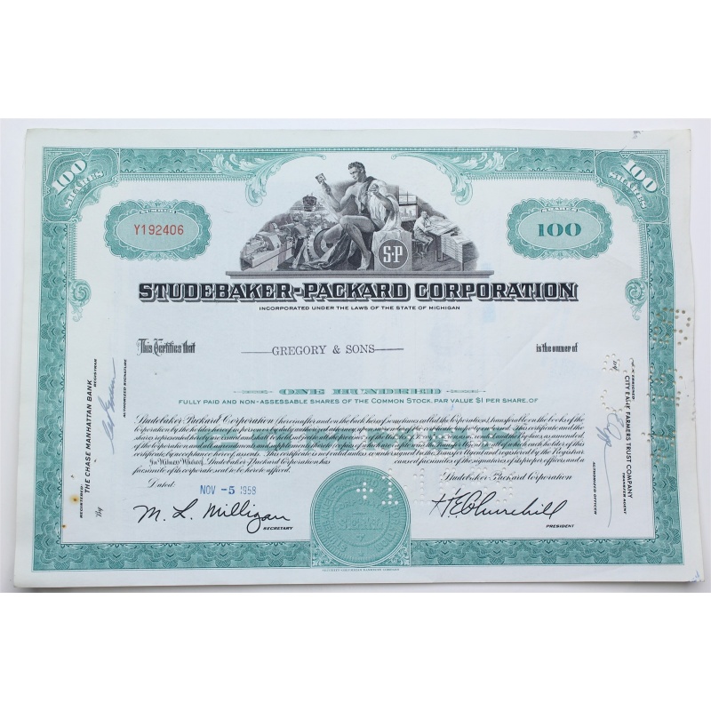 1958 Studebaker-Packard Corporation Stock Certificate - Y192406 - 100 Shares