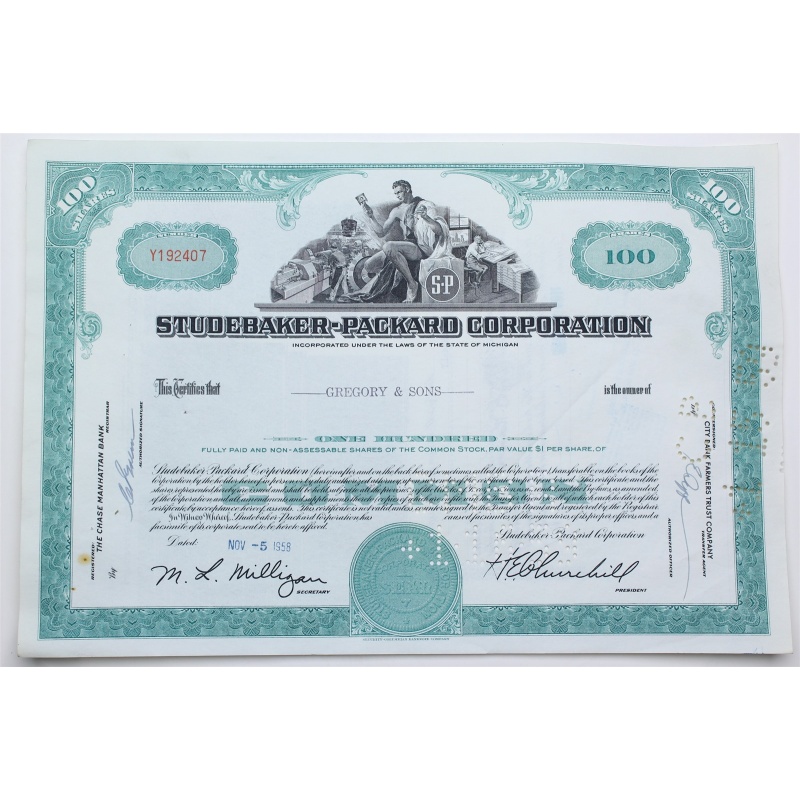 1958 Studebaker-Packard Corporation Stock Certificate - Y192407 - 100 Shares