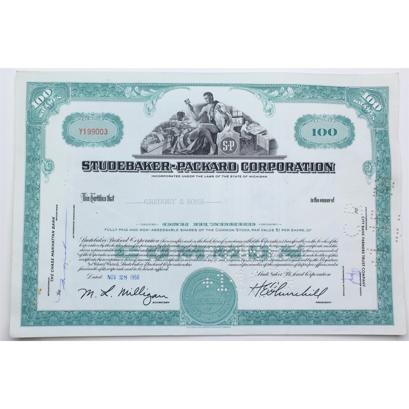 1958 Studebaker-Packard Corporation Stock Certificate - Y199003 - 100 Shares
