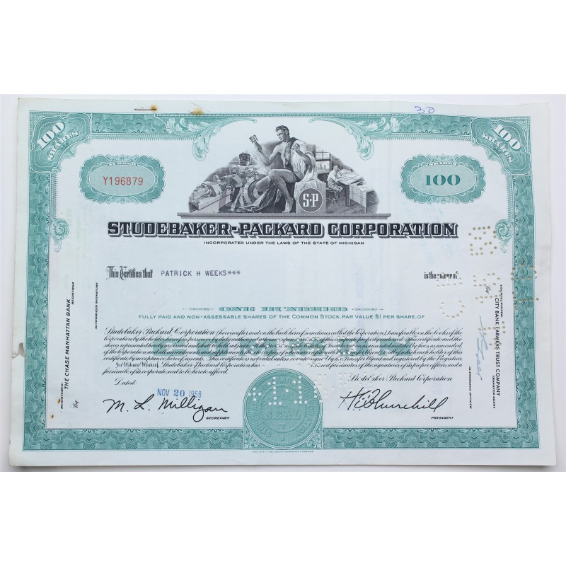 1958 Studebaker-Packard Corporation Stock Certificate - Y196879 - 100 Shares
