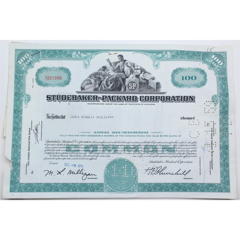 1958 Studebaker-Packard Corporation Stock Certificate - Y201896 - 100 Shares