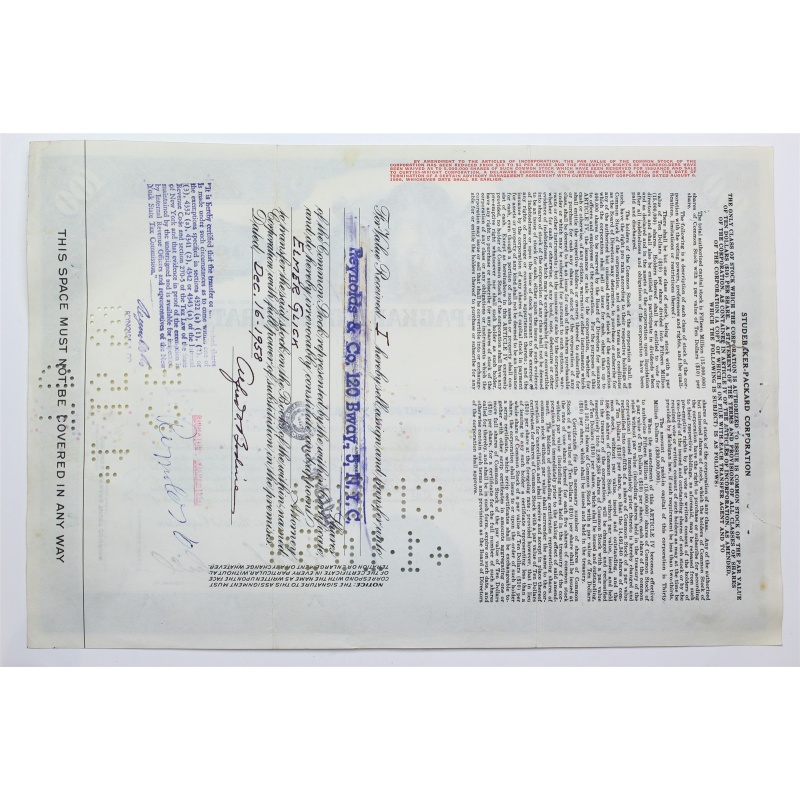 1958 Studebaker-Packard Corporation Stock Certificate - Y158184 - 100 Shares