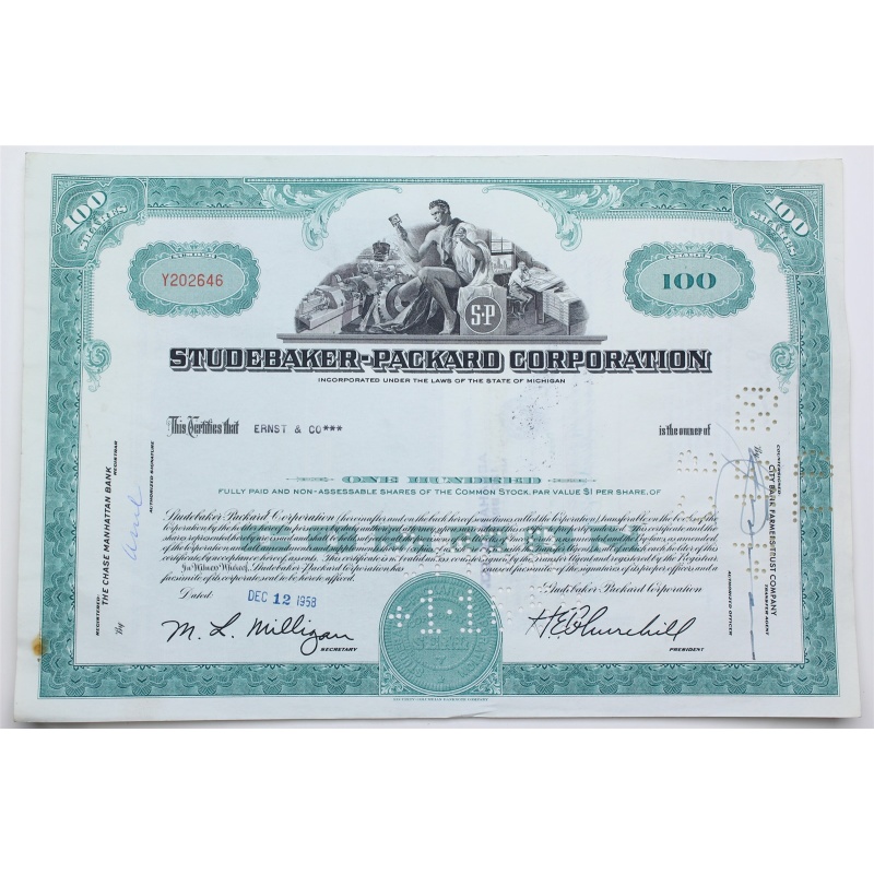 1958 Studebaker-Packard Corporation Stock Certificate - Y202646 - 100 Shares