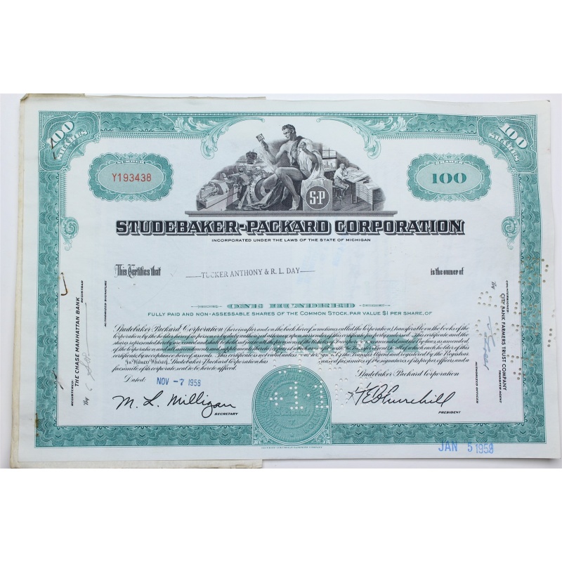 1958 Studebaker-Packard Corporation Stock Certificate - Y193438 - 100 Shares