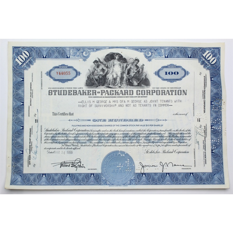 1955 Studebaker-Packard Corporation Stock Certificate - Y44055 - 100 Shares
