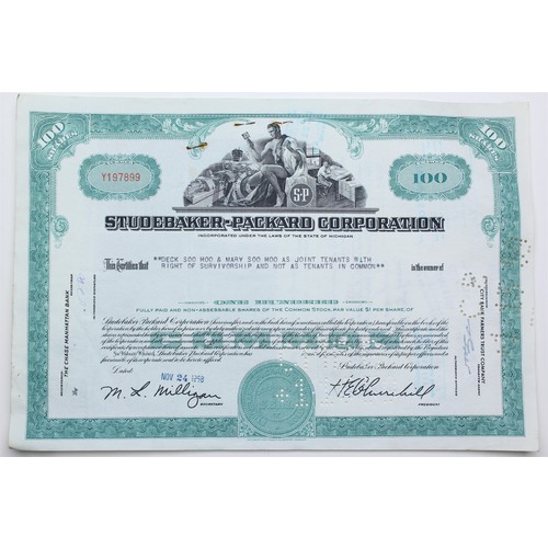 1958 Studebaker-Packard Corporation Stock Certificate - Y197899 - 100 Shares