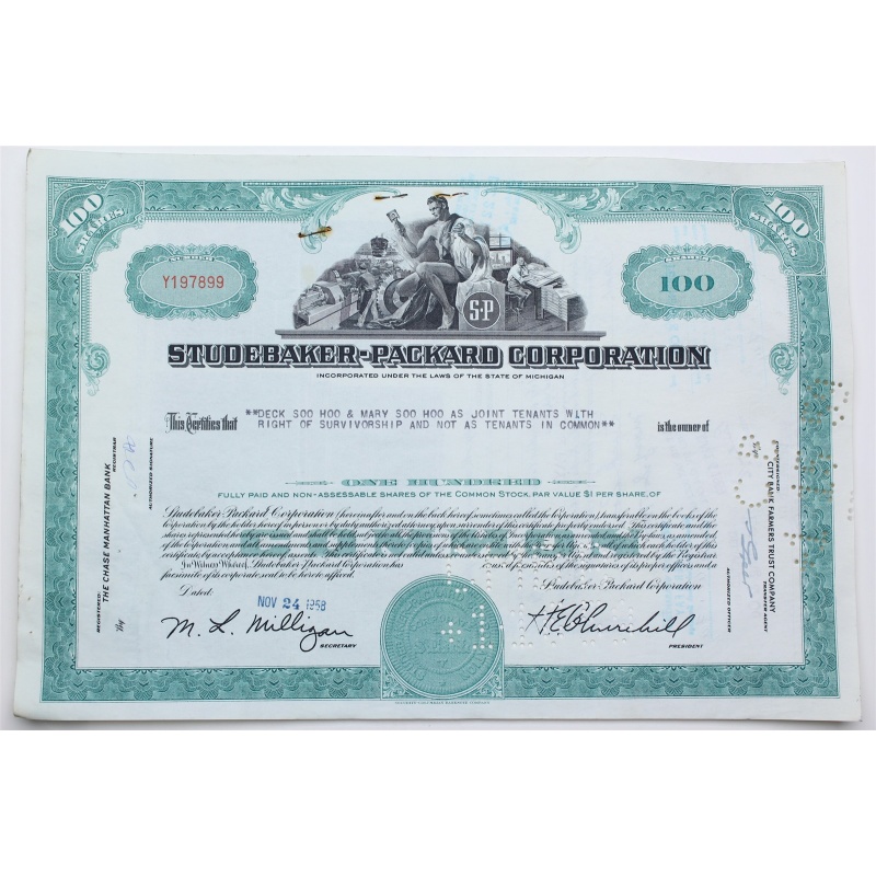 1958 Studebaker-Packard Corporation Stock Certificate - Y197899 - 100 Shares