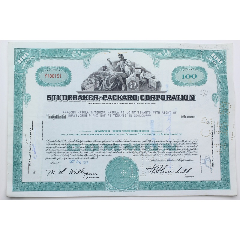 1958 Studebaker-Packard Corporation Stock Certificate - Y186151 - 100 Shares